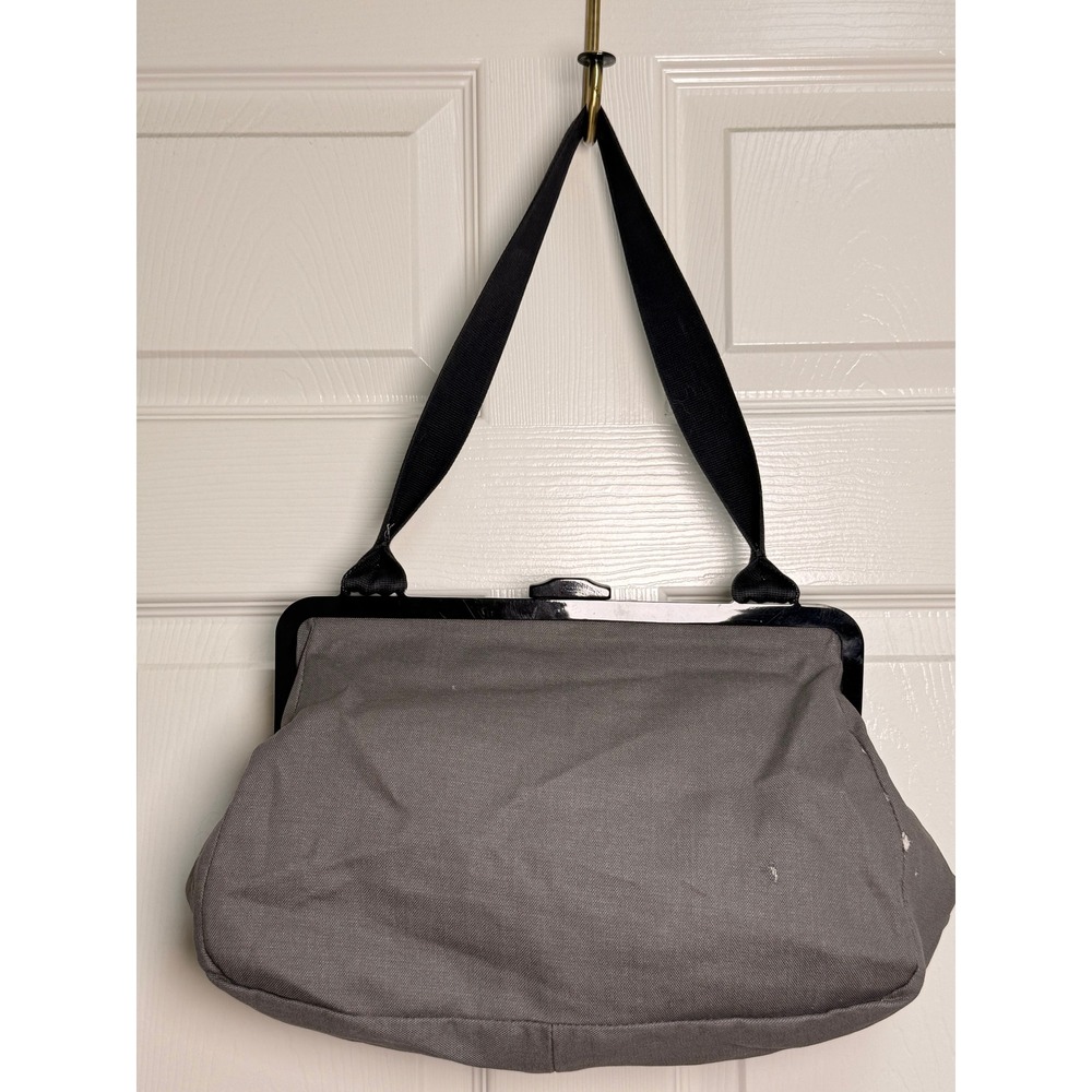 Y2K Marni Grey Canvas Bag Acrylic Frame Leather Trim Geometric Buckle Doctor Bag - Picture 2 of 9